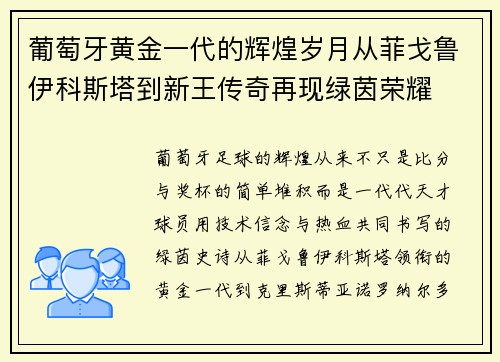 葡萄牙黄金一代的辉煌岁月从菲戈鲁伊科斯塔到新王传奇再现绿茵荣耀 葡萄牙黄金一代的辉煌岁月从菲戈鲁伊科斯塔到新王传奇再现绿茵荣耀